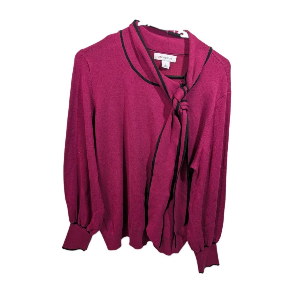 Liz Claiborne Magenta Balloon Long Sleeve Sweater Womens Large L Tie Neck Career